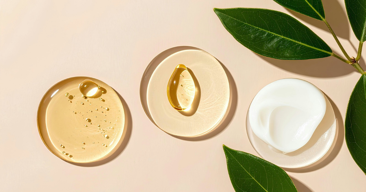 Three dishes with various serums on them.