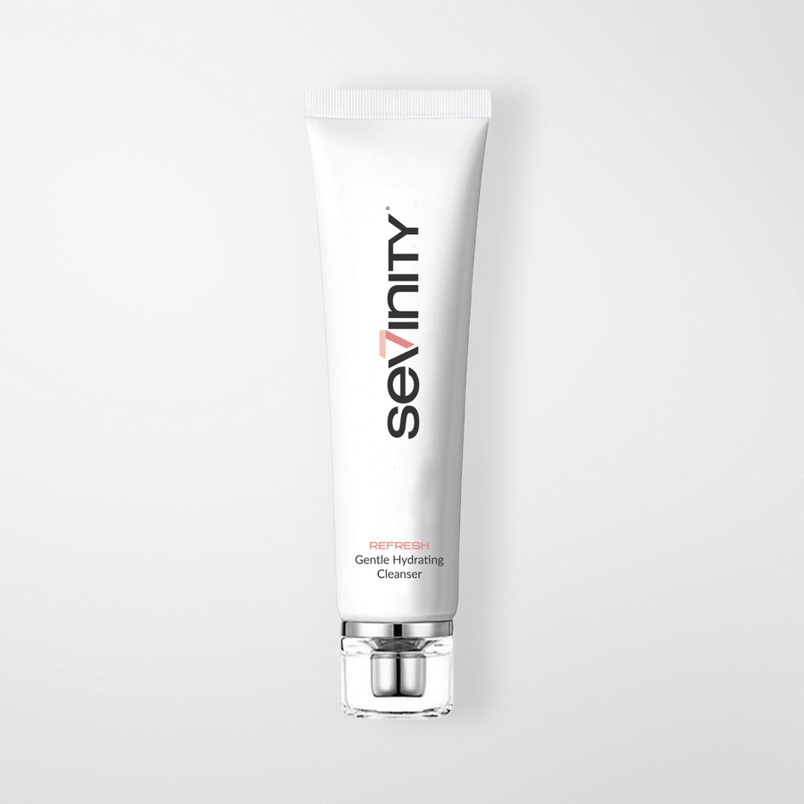 A white squeeze tube of sevinity Refuel Gentle Hydrating Cleanser with a clear cap, centered on a light gray background.
